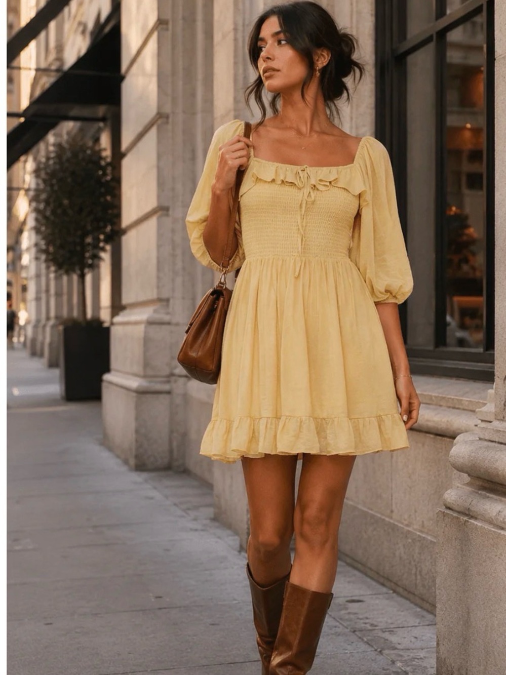 Yellow Smocked Square-Neck Mini Dress